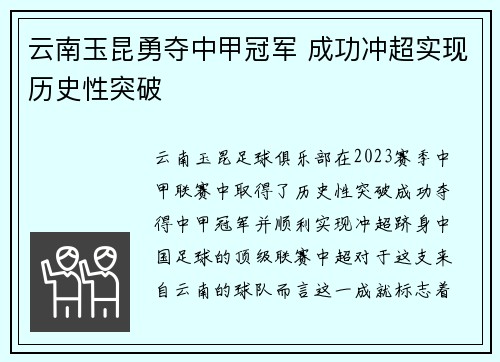 云南玉昆勇夺中甲冠军 成功冲超实现历史性突破